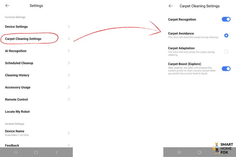 Настройки для ковра в приложении Dreame L10s Ultra.